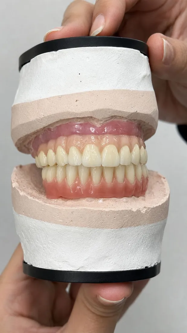 Prótese protocolo montada em modelo de estudo na DentoEssence Santos